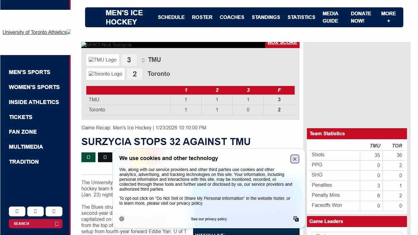 SURZYCIA STOPS 32 AGAINST TMU - University of Toronto Athletics